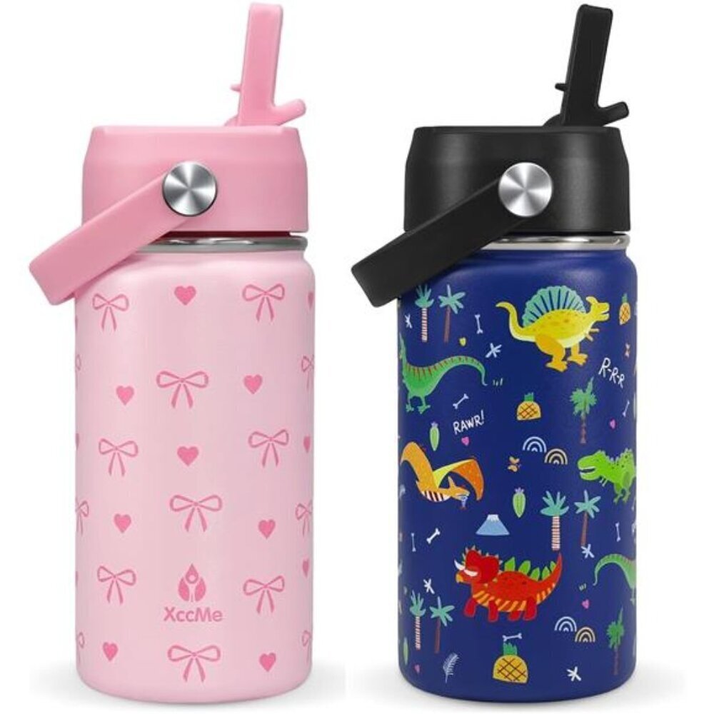 Stainless Steel Kids Water Bottle 14oz 2-Pack with Straw